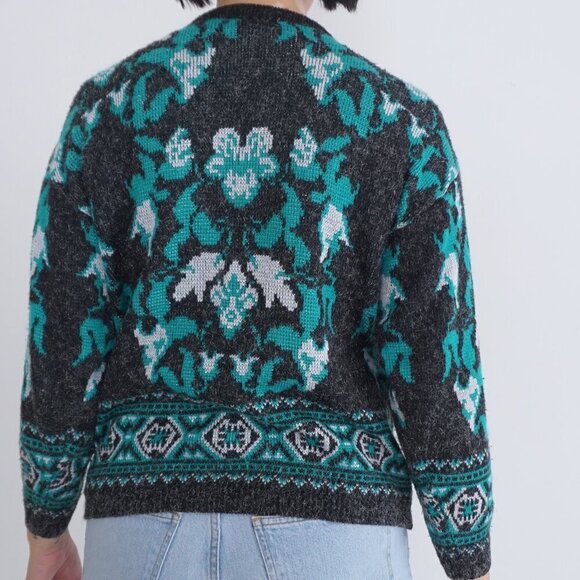 Vintage Grey Green Floral Knit Crewneck Fair Isle Fisherman Sweater S - Picture 3 of 10